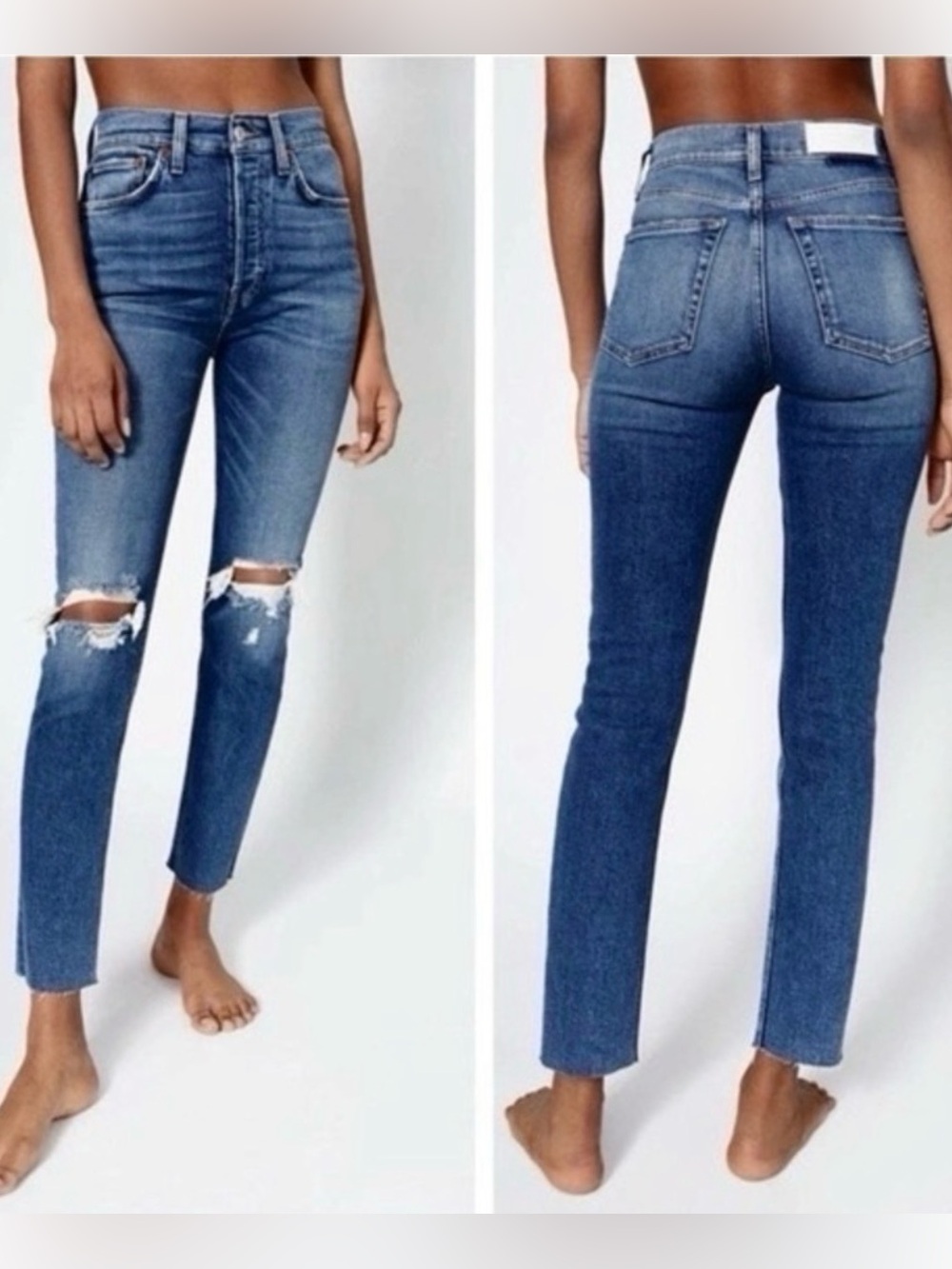 RE/DONE 90s High Rise Ankle Crop Jeans Distressed Knee Blue 26x26”